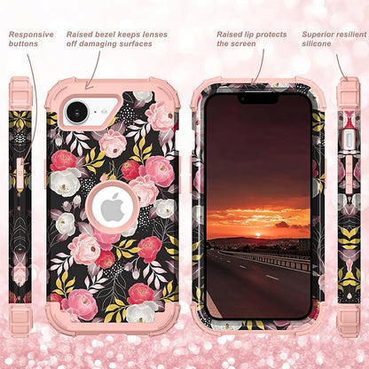 Hocase for iPhone 17e/iPhone 16e Case, Heavy Duty Shockproof Protection Hard Plastic+Silicone Rubber Hybrid Protective Phone Case for iPhone 17e/16e 6.1" - Rose Blossom