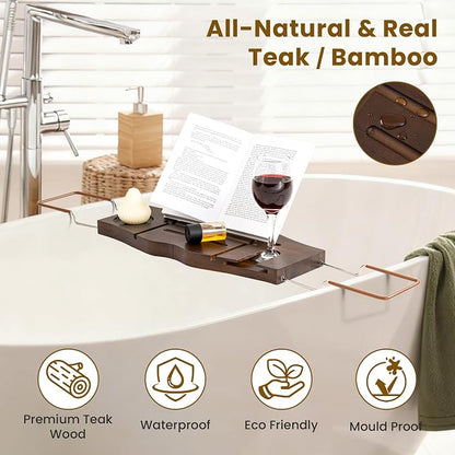 Teak Bathtub Tray Expandable Bathroom Tray for Home Spa Relaxation, Wooden Tray Caddy for Bathtub, Teak Bathtub Caddy as Unique Housewarming, Birthday, Wedding Shower Gifts. Dark Walnut