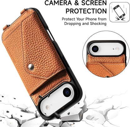 LUCKYCOIN for iPhone Air Crossbody Wallet Case – Genuine Leather Phone Purse with Adjustable Strap and Card Holder,Lanyard Phone Purse Case for Women,Pebble Grain Brown