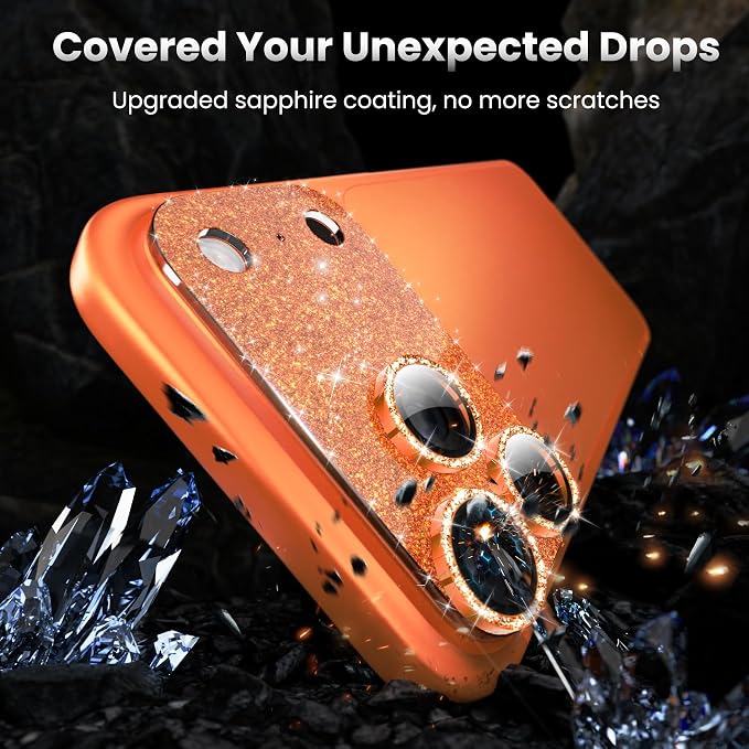 YWXTW for iPhone 17 Pro Max Camera Lens Protector, [Upgraded Glitter Design] Full Bling Sparkly Diamond Tempered Glass Screen Protector Metal Camera Cover Accessories (Glitter Orange, iPhone 17 Pro Max)