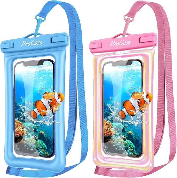 ProCase 2 Pack Floating Waterproof Phone Pouch IPX8, Universal Dry Bag Fits iPhone 17/16/15/14/13 Series,Galaxy S24/S23/S22, Pixel 8/7 (Up to 7”),Touchscreen, Underwater & Snow Protection -Pinkblue