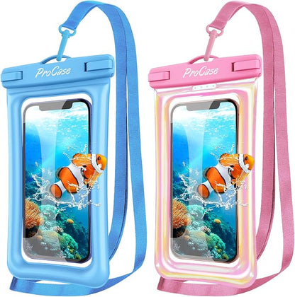 ProCase 2 Pack Floating Waterproof Phone Pouch IPX8, Universal Dry Bag Fits iPhone 17/16/15/14/13 Series,Galaxy S24/S23/S22, Pixel 8/7 (Up to 7”),Touchscreen, Underwater & Snow Protection -Pinkblue