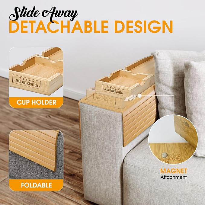 Bamboo Couch Cup Holder Tray with 2 Cork Coasters, Couch Arm Tray, 2 in 1 Anti-Slip Foldable Sofa Arm Tray, Couch Armrest Table, Anti-Spill Couch Arm Table for Drinks TV Remote Cellphone Snacks