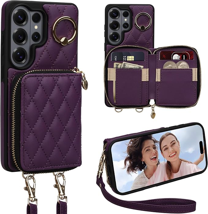 Keallce Case for Samsung Galaxy S26 Ultra 6.9'' Wallet Case,Crossbody Zipper Purse Wrist Strap Lanyard Handbag,RFID Blocking Card Slots,Flip Leather Cover for Samsung S26 Ultra,Darkpurple