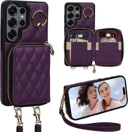 Keallce Case for Samsung Galaxy S26 Ultra 6.9'' Wallet Case,Crossbody Zipper Purse Wrist Strap Lanyard Handbag,RFID Blocking Card Slots,Flip Leather Cover for Samsung S26 Ultra,Darkpurple