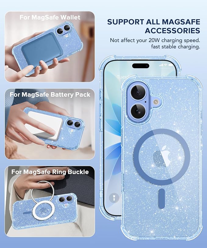 BERFY for iPhone 17 Case for Women, Clear Glitter Shockproof Protective Case, Anti-Yellowing, with Screen Protector & Camera Lens Protector 6.3", Magnetic Sparkle Blue
