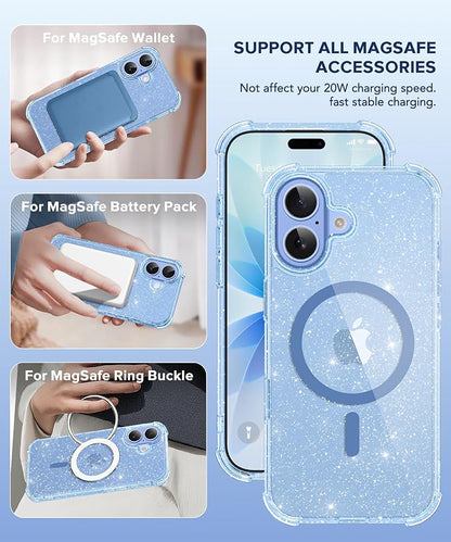 BERFY for iPhone 17 Case for Women, Clear Glitter Shockproof Protective Case, Anti-Yellowing, with Screen Protector & Camera Lens Protector 6.3", Magnetic Sparkle Blue