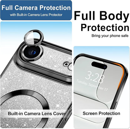 Hython for iPhone Air Case Glitter Clear Magnetic Phone Cases [Compatible with MagSafe] Full Camera Lens Protector Sparkle Luxury Plating Slim Shockproof Protective Cover Women, Gradient Black