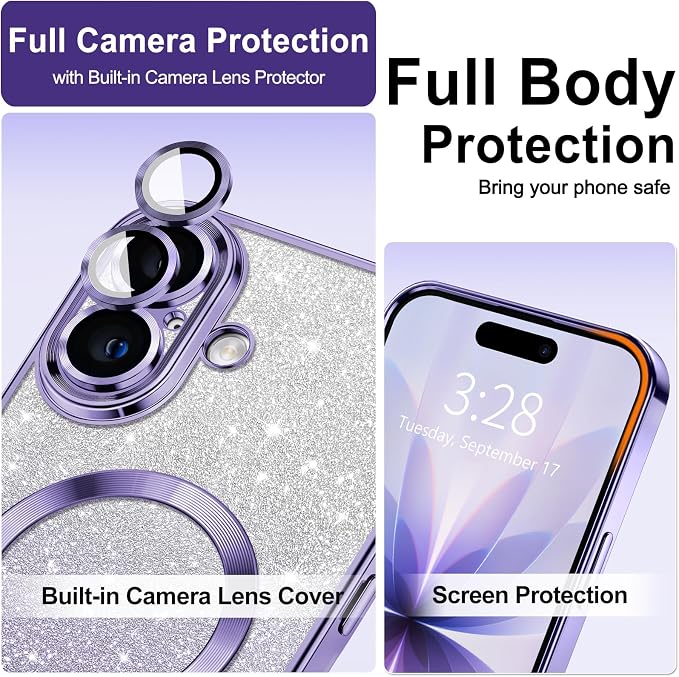 Hython for iPhone 17 Case Glitter Clear Magnetic Phone Cases [Compatible with MagSafe] Full Camera Lens Protector Sparkle Luxury Plating Slim Shockproof Protective Cover, Gradient Light Purple