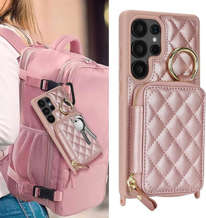 Crossbody Wallet Case for Galaxy S25 Ultra, PU Leather Zipper Handbag Purse Flip Cover, Kickstand Folio Case with Card Slots Holder Wrist Strap Lanyard -Rose Gold