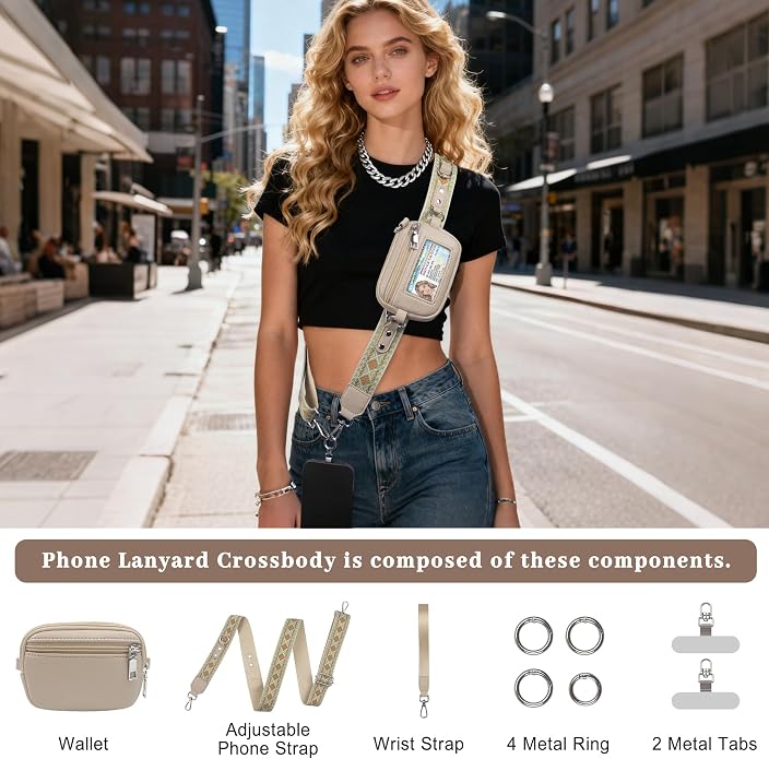 Clip and Go Cell Phone Pouch Lanyard Crossbody with Wallet | Adjustable Strap, Leather Purse Strap, Wrist Strap, For Women
