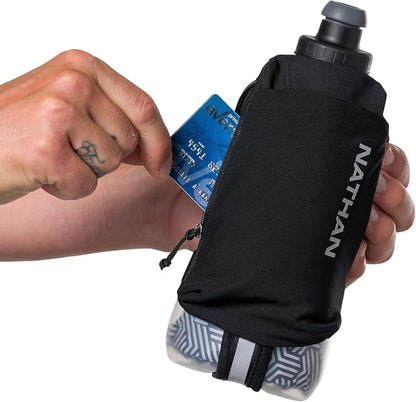Nathan SpeedDraw 2 Insulated Handheld Running Water Bottle Flask – Double-Wall Insulation, Ergonomic Grip, Blast Valve Cap, Phone & Key Storage Pockets, Reflective Design - 18oz Insulated - Black