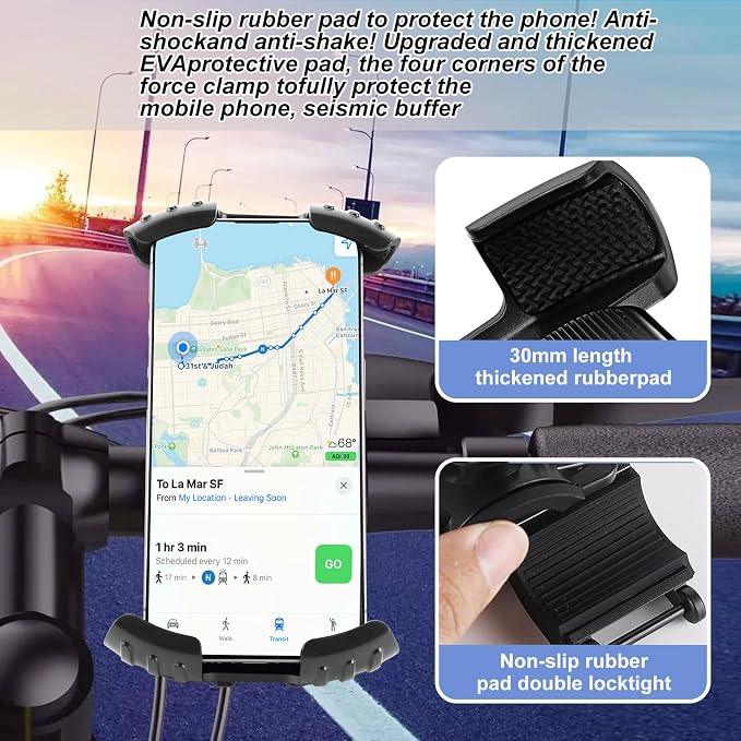 Bike Phone Holder, Phone Holder for Bike, Four Corners Firmy Clamp Bike Cell Phone Holder, 360 Degree Rotation Bike Phone Mount， Accessories for iPhone Smartphone