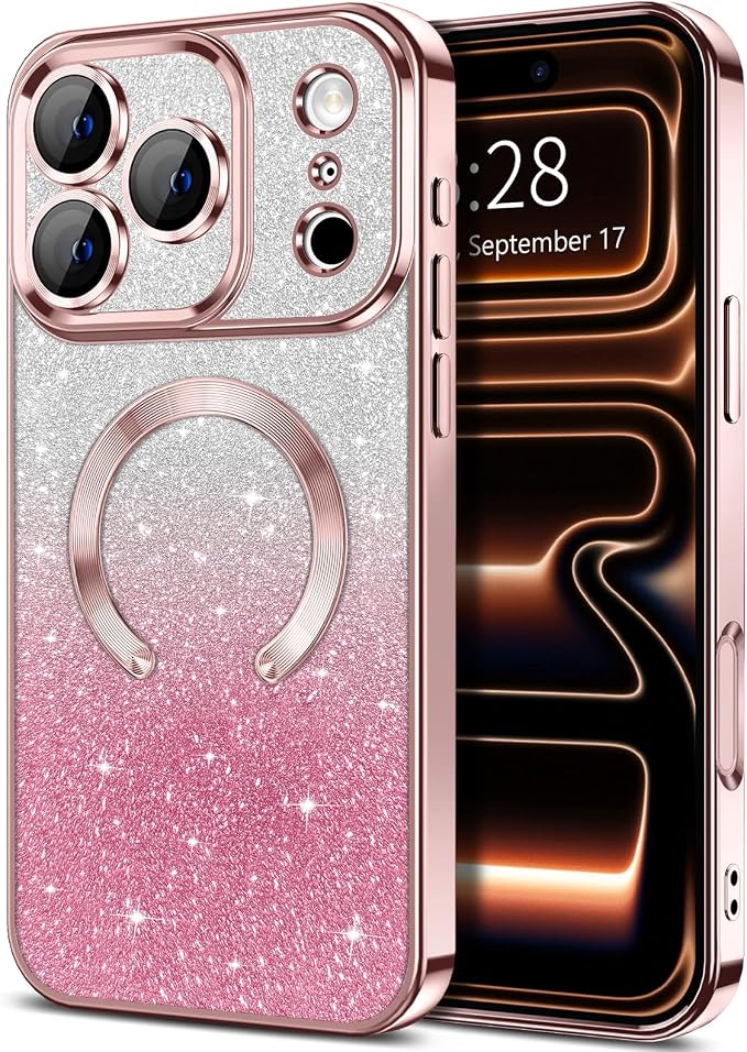 Hython for iPhone 17 Pro Max Case Glitter Clear Magnetic Phone Cases [Compatible with MagSafe] Full Camera Lens Protector Sparkle Luxury Plating Slim Shockproof Protective Cover Women, Gradient Pink