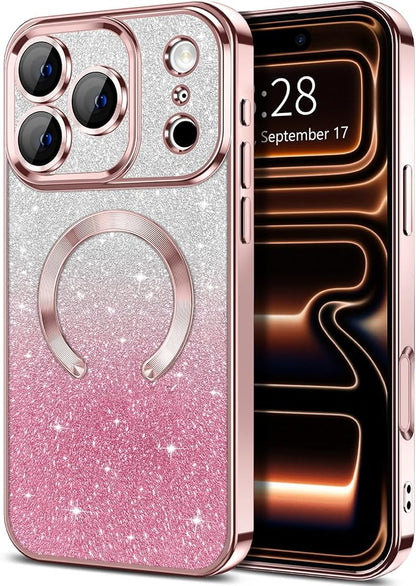 Hython for iPhone 17 Pro Max Case Glitter Clear Magnetic Phone Cases [Compatible with MagSafe] Full Camera Lens Protector Sparkle Luxury Plating Slim Shockproof Protective Cover Women, Gradient Pink