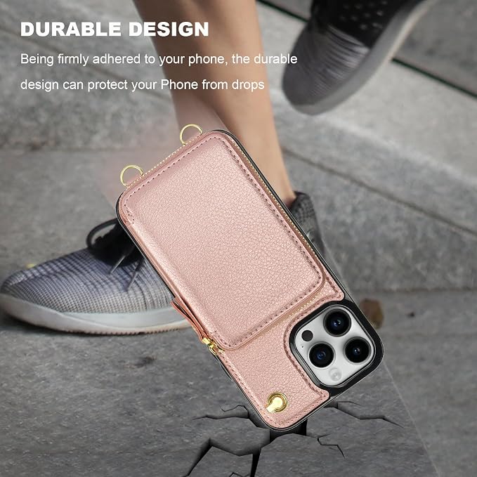 Bocasal for MagSafe Crossbody Wallet Case Compatible with iPhone 13 Pro Max, RFID Blocking Protective Purse Case with Card Slots Holder Kickstand Wrist Strap Lanyard Zipper 6.7 Inch 5G (Rose Gold)