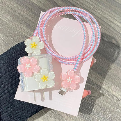 Cute 5 in 1 20W Charger Protector Set, Charger Case, Laser-Patterned Charging Cables Protector for Apple 18W/20W Adapter & iPhone 11–15 Pro Max & MacBook Neo 13 inch A18, Pink Flower