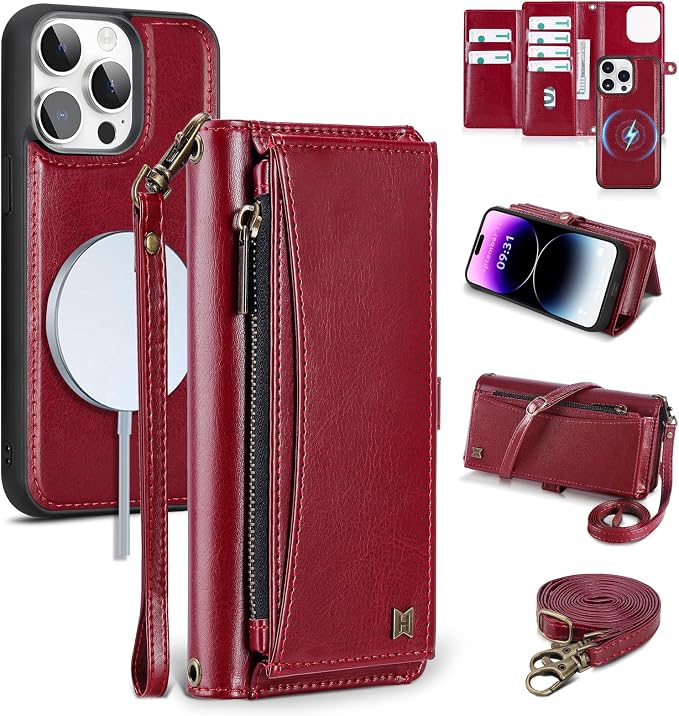 Wallet Case for iPhone 14 Pro Max with Card Holder/Crossbody Wallet/Strap| RFID Blocking | Magnetic | Kickstand | Detachable | PU Leather Phone Case for iPhone 14 Pro Max,6.7 in,Wine Red