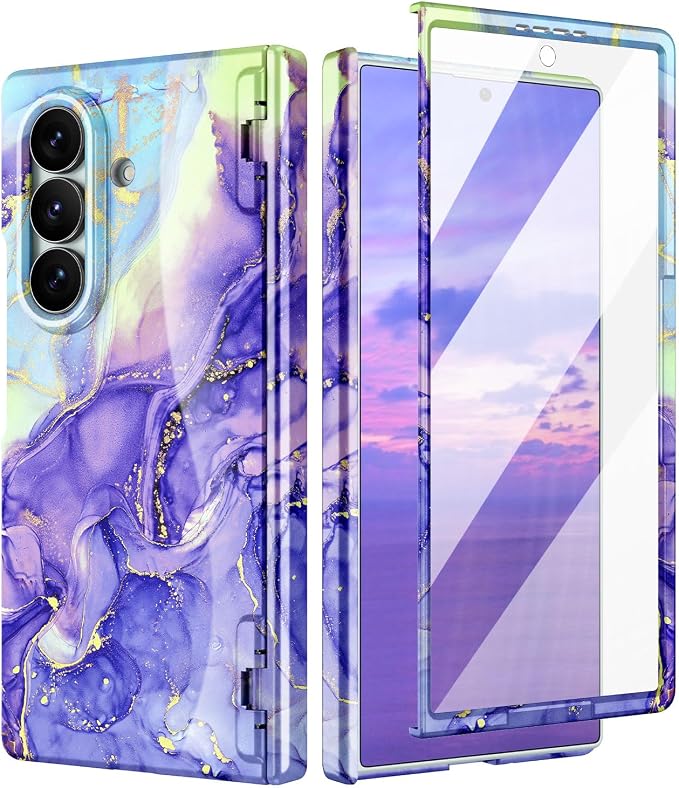 Btscase for Samsung Galaxy Z Fold 7 Case,Built in Front Screen Protector,Gold Glitter Marble Pattern Hard PC Slim Shockproof Full Body Drop Protective Case for Galaxy Z Fold 7 5G, Cobalt Violet
