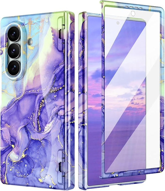 Btscase for Samsung Galaxy Z Fold 7 Case,Built in Front Screen Protector,Gold Glitter Marble Pattern Hard PC Slim Shockproof Full Body Drop Protective Case for Galaxy Z Fold 7 5G, Cobalt Violet