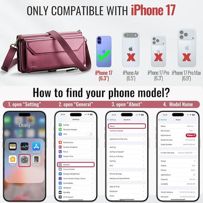 Strapurs Wallet Case Compatible with iPhone 17 6.3" RFID Blocking 9-Card Holder Soft PU Leather Magnetic Snap Shoulder Strap Zipper Pocket Phone Case Fit for iPhone 17 for Women - WineRed