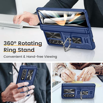 VEGO for Galaxy Z Fold 4 Case, with Slide Camera Cover & Hinge Protection | Built-in Screen Protectot & 360°Magnetic Rotating Ring Kickstand Protective Case for Samsung Galaxy Z Fold 4 5G-Blue