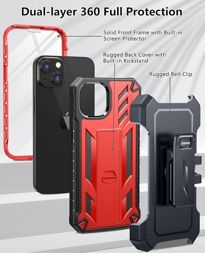 for iPhone 13/14/15 Phone Case: for iPhone 16e Protective Cover with Belt Clip Holster | Durable Dual-Layer Design with Built-in Kickstand | Heavy Duty Military Grade Hard Protection Shock Proof