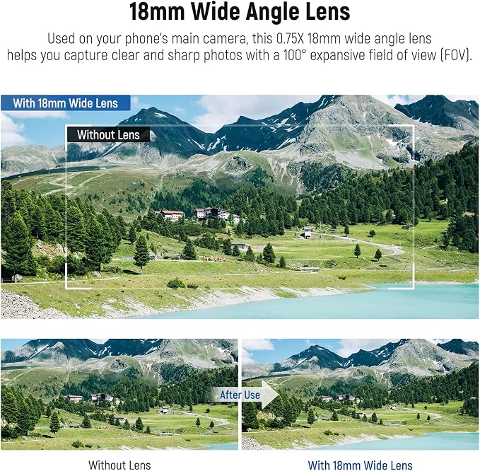 NEEWER 18mm Wide Angle Lens with 17mm Threaded Phone Camera Lens Clip, 100° FOV, 0.75X Magnification, 6 Elements in 5 Groups, Compatible with iPhone Android Samsung for Mobile Photography, LS-72