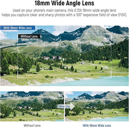 NEEWER 18mm Wide Angle Lens with 17mm Threaded Phone Camera Lens Clip, 100° FOV, 0.75X Magnification, 6 Elements in 5 Groups, Compatible with iPhone Android Samsung for Mobile Photography, LS-72