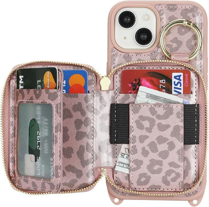 Crossbody Wallet Case for iPhone 14, PU Leather Zipper Handbag Purse Flip Cover, Kickstand Folio Case with Card Slots Holder Wrist Strap Lanyard 5G 6.1 Inch-Pink Leopard
