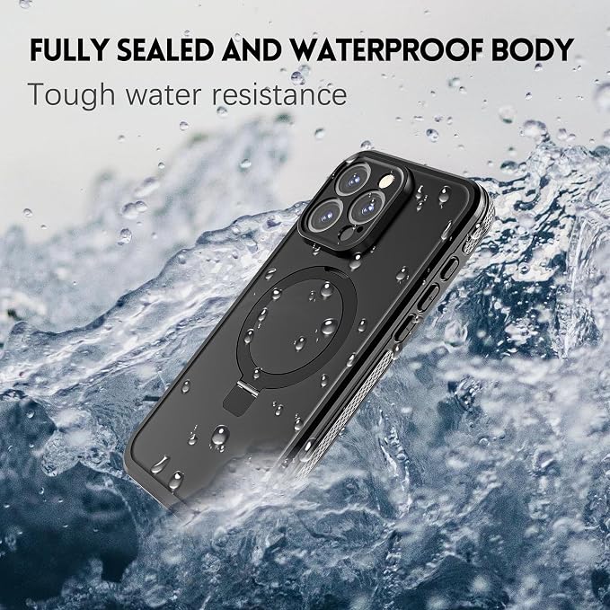 Omio for iPhone 15 Pro Max Waterproof Case with Stand Compatible with MagSafe, Full Body Magnetic IP69 Underwater Case Built-in Screen Protector Military Grade Shockproof Case for Men Women, Black