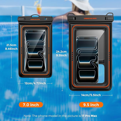 UNBREAKcable [UP to 9.5"]XL Size EXTRA Large Waterproof Phone Pouch Floating IPX8 Phone Case Dry Bag for iPhone 17 Air 16 15 14 Pro Max Samsung S25 Ultra, Travel Kayaking Beach Essentials - 2 Pack