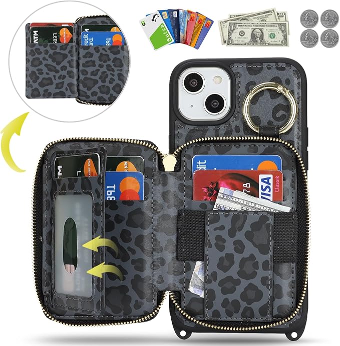 Crossbody Wallet Case for iPhone 14 Plus, PU Leather Zipper Handbag Purse Flip Cover, Kickstand Folio Case with Card Slots Holder Wrist Strap Lanyard 5G 6.7 Inch-Black Leopard