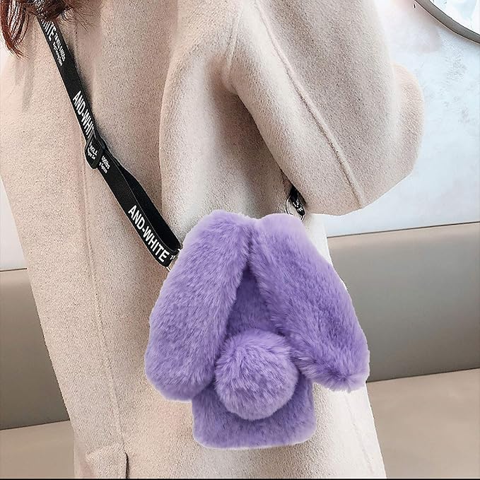 Rabbit Ear Case for iPhone 14 Pro 6.1, Crossbody Strap Case Fuzzy Fluffy Cute Women Girls Kids Plush Ball Bunny Fur Phone Case Shockproof Silicone Bumper Protective Cover,Purple