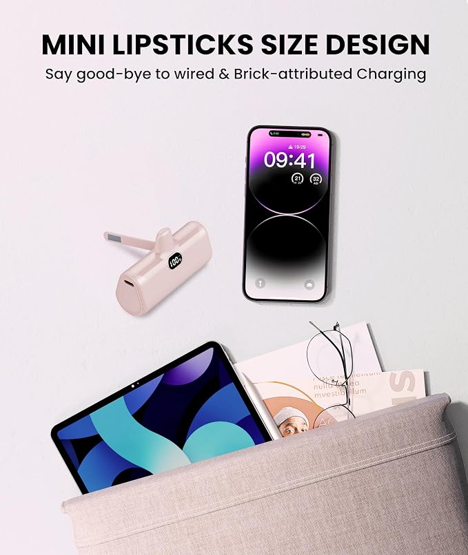 Pink Small Portable Charger for Lightning Builtin Metal Stand Lightweight Power Bank 5000mah With Digital Display Mini External Battery Pack for iPhone 14/13/13pro/13pro max/12/11/XR/6/6s/iPad/SE