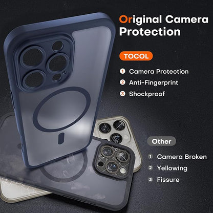 TOCOL Magnetic for 16 pro max Phone case, Upgraded Full Camera Protection, Compatible with Magsafe, 16FT Drop Protection, Translucent Matte Back Bumper Cover for 6.9-Inch（Dark Blue）