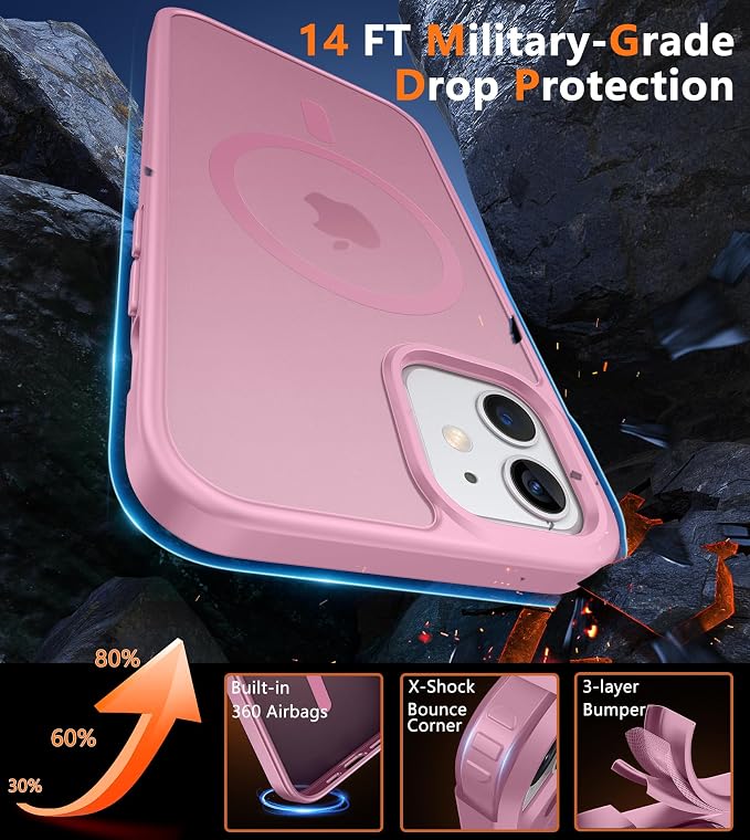 FNTCASE for iPhone 12 Phone Case: for iPhone 12 Pro Magnetic Matte Textured Military Grade Drop Protection Translucent Cell Cover - Slim Durable Shockproof Protective Bumper