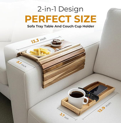 Couch Cup Holder Tray with 2 Cork Coasters, Caddy, Anti-Slip Foldable Armrest Sofa Tray, Anti-Spill Holder for Remote, Snacks, Cellphone - Ideal Gift (Acacia Wood)