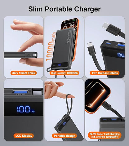 Power Bank with 2 Built-in Cables 10000mAh, 22.5W PD Slim Portable Charger USB C Battery Pack, Travel Essentials Fast Charging Powerbank Compatible with iPhone 17 16 15 Plus Pro Samsung iPad (1 Pack)