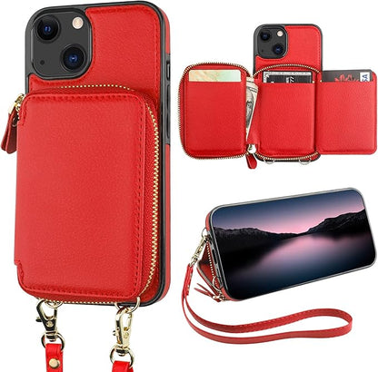 Bocasal RFID Blocking Wallet Case for iPhone 14 iPhone 13, Adjustable Crossbody Zipper Purse Case Card Holder with Kickstand Detachable Wrist Strap, PU Leather Flip Folio Case 6.1 Inch 5G (Red)