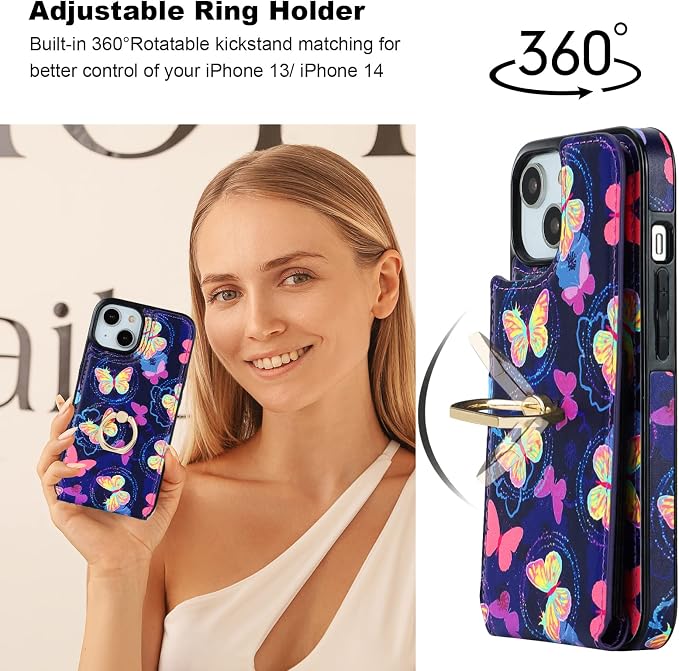 HAOPINSH for iPhone 13/ iPhone 14 Wallet Case with Card Holder, 360°Rotation Ring Kickstand, Pink Butterfly Pattern, RFID Blocking Leather for Girls Women, Double Buttons Flip Cover 6.1"