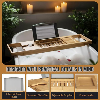 Bamboo Bathtub Tray - Wood Bath Caddy with Book, Phone, or Tablet Rest, Cup Holder, and Extended Sides for Bath Accessories by Home-Complete (Natural)