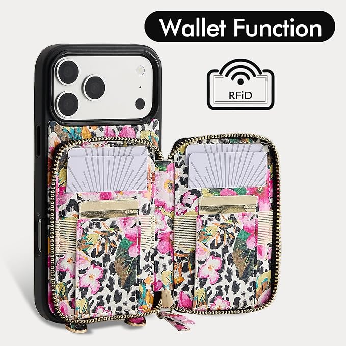 ZVE for iPhone 17 Pro Case Wallet with Crossbody Strap, Leather Zipper Handbag Purse Cover for Women 6.3" Leopard
