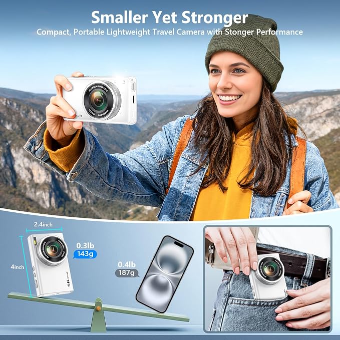 5K Digital Camera for Photography with 6X Optical Zoom, 2026 Latest 96MP Autofocus Vlogging Camera for YouTube with Dual Lens, Anti-Shake, Flash, Compact Small Travel Cameras with 64GB Card, White