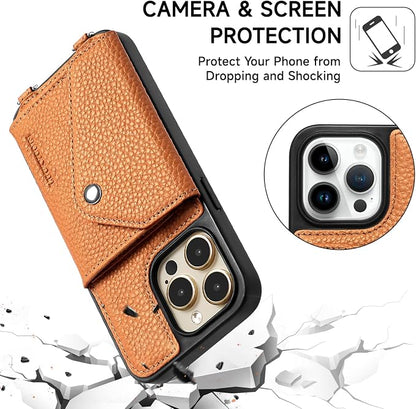 LUCKYCOIN for iPhone 14 Pro Max Crossbody Wallet Case – Genuine Leather Phone Purse with Adjustable Strap and Card Holder,Lanyard Phone Purse Case for Women,Pebble Grain Brown