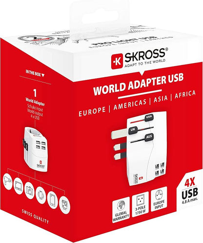 SKROSS | 1.302461 | Pro Light USB (4xA) | Universal Travel Adapter 2 & 3 Pin with 4 USB Ports 4.8A Voltage and Power: 100V-700W/250V-1750W Suitable for PC and Hair Dryer