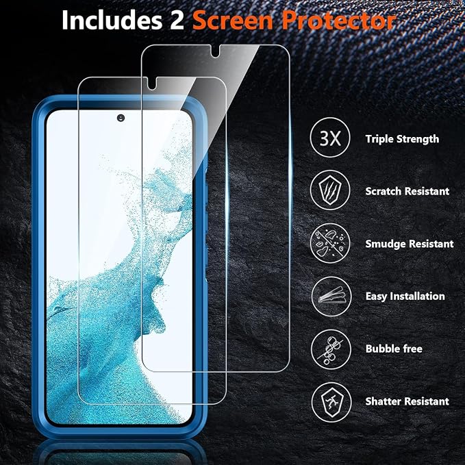 SPIDERCASE Designed for Samsung Galaxy S22 Case, [10 FT Military Grade Drop Protection],2 Pack [Tempered Glass Screen Protector+Camera Lens Protector] Heavy Duty Shockproof Case,Blue