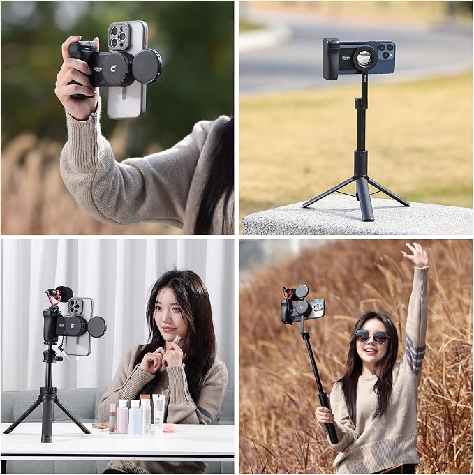 ULANZI Selfie Phone Tripod Mount MA35, 2-in-1 Magnetic & Phone Clip Camera Grip Handle Holder with Detachable Remote Shutter with Cold Shoe Adapter for iPhone 15 16 17 Samsung Video Shooting