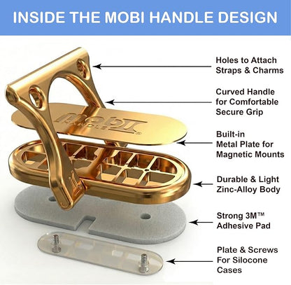 Patented 3-Finger Phone Grip & Stand - Comfortable & Secure Loop Holder for iPhone & Android - Ultra-Slim Zinc Alloy - Magnetic Mount Ready - Cell Phone Ring Alternative [Gold]