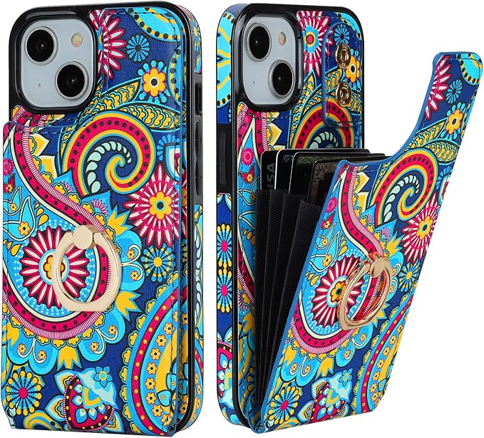 HAOPINSH for iPhone 13/ iPhone 14 Wallet Case with Card Holder, 360°Rotation Ring Kickstand, Paisley Pattern, RFID Blocking Leather for Girls Women, Double Buttons Flip Protective Cover 6.1"
